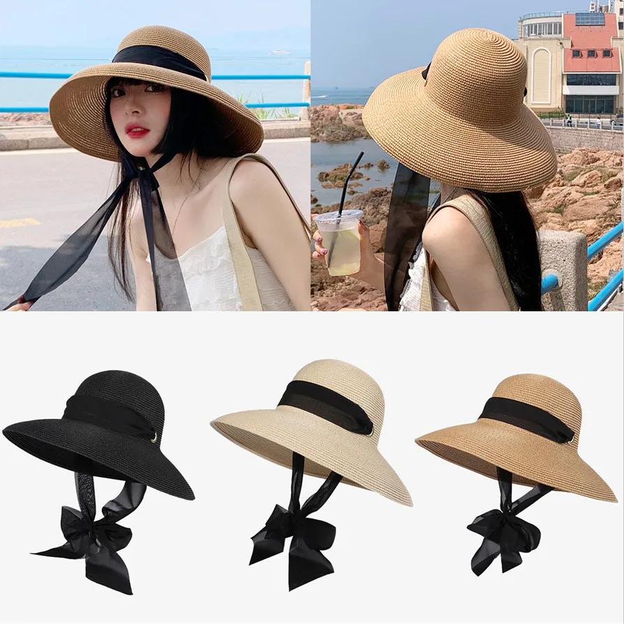 Elegant Long Black Ribbon Straw Hats For Women Foldable Wide Brim Panama Beach Hat Female Fashion Holiday Photo Props Sun Caps