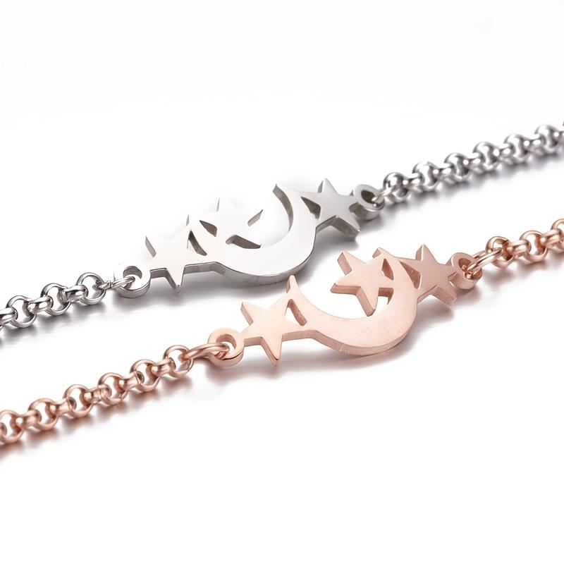 1pc Stainless Steel Women'S Fashion Chain Pendant Bracelet, Five-Pointed Star Moon Shaped Men'S Bracelet,