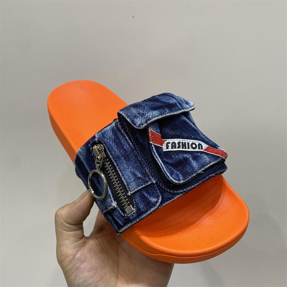Fashion 2025 Summer New Pocket Denim Flat Slippers Comfortable Casual Size 47 48 Thick Soled Men's Women's Multi-color Outdoor Sandals