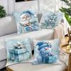 Christmas Decoration Pillow Cover Blue Santa Claus Snowman Snowflake Pattern Suitable for Home Room Sofa Cushion Cover