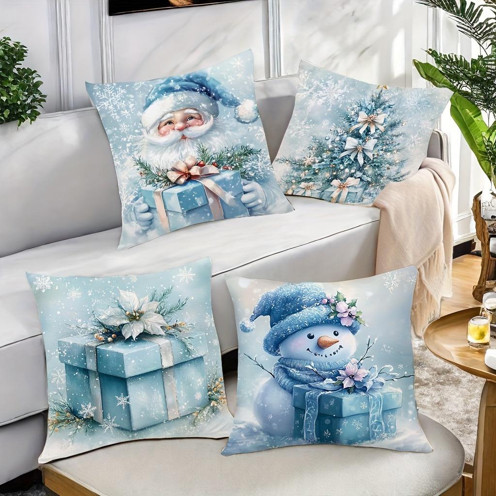 Christmas Decoration Pillow Cover Blue Santa Claus Snowman Snowflake Pattern Suitable for Home Room Sofa Cushion Cover