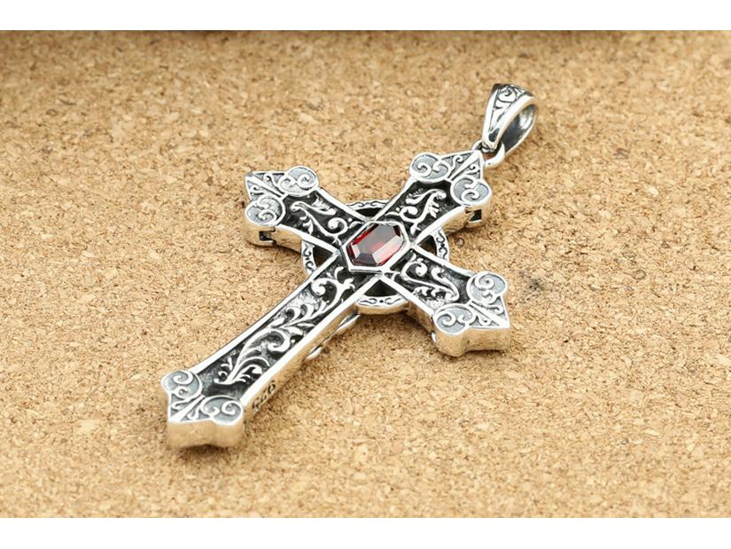 S925 Sterling Silver Retro Thai Pattern Cross Pendant