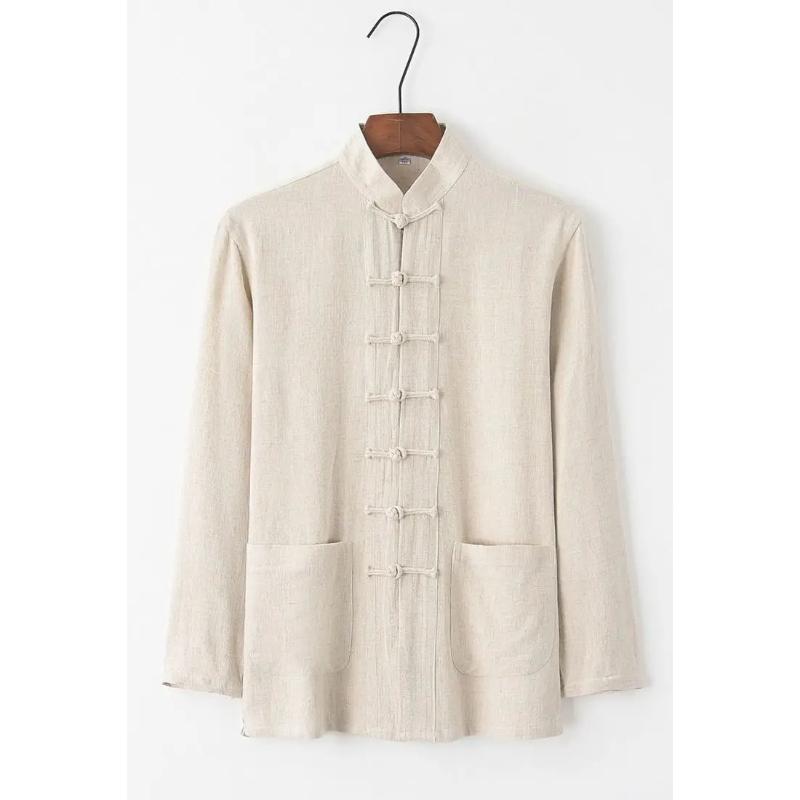 Herren Baumwolle Leinen Tang Anzug Langarm Set Retro Knopfleiste Herrenbekleidung Mittleren Alters und Ältere Locker Tai Chi Anzug