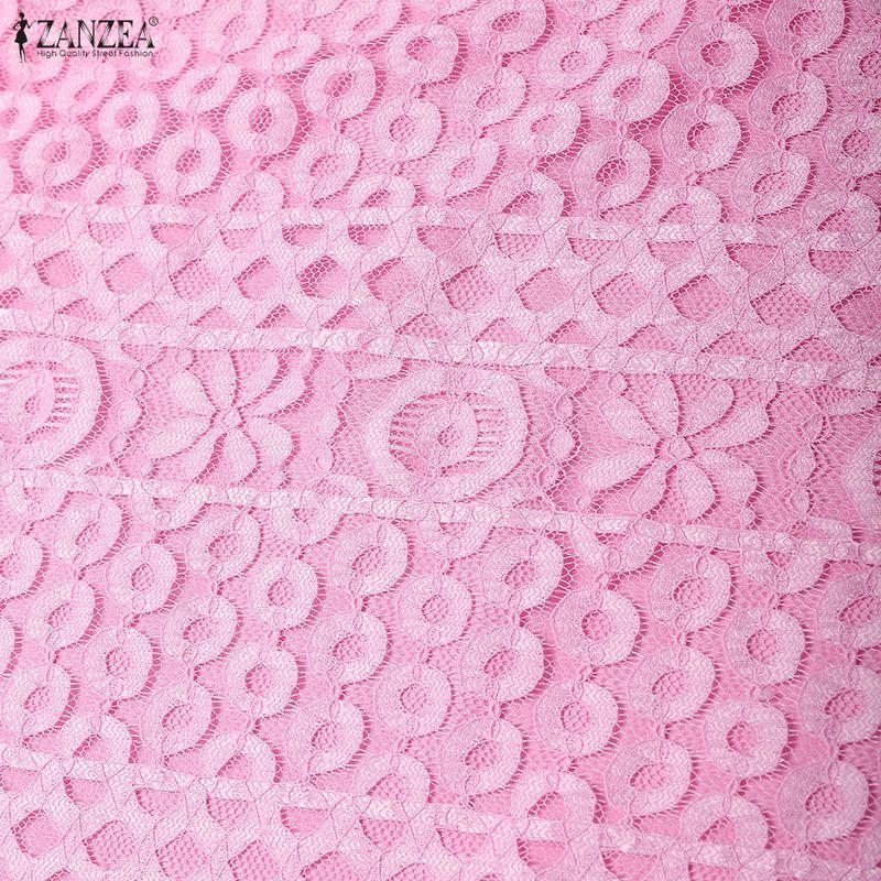 ZANZEA Women Square Collar Summer Casual Short Sleeve Patchwork Lace Dress