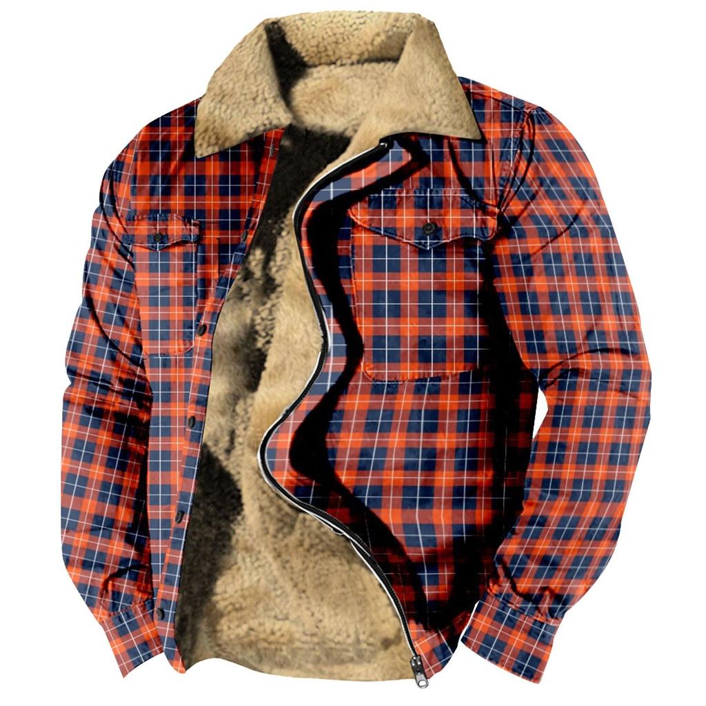 Men's Plaid Print Fleece Thickened Coat Jacket Men's Casual Fashion Warm Coat
