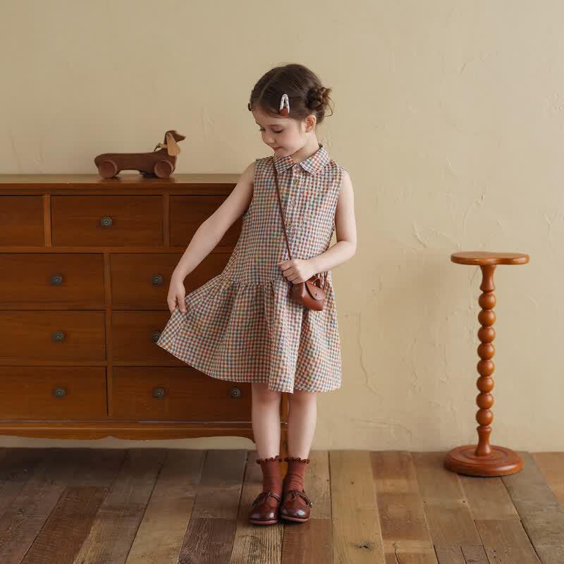 Girl's Summer Linen Plaid Sleeveless Dress