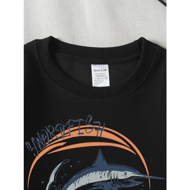 European Sizes Crew Neck Fashion Sweatshirt with Swordfish Jumping Over Ocean Waves, Autumn Winter Long-Sleeved Top for Young Girls.