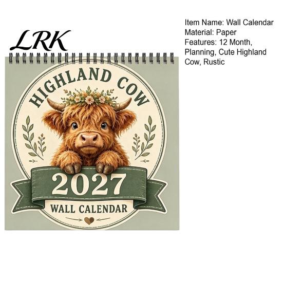 Retro Style Wall Decor 2027 Highland Cow Calendar, Rustic Farmhouse Scottish Decorative Home Office Organizer 12 Monthly Planner, Cute Animal Hanging