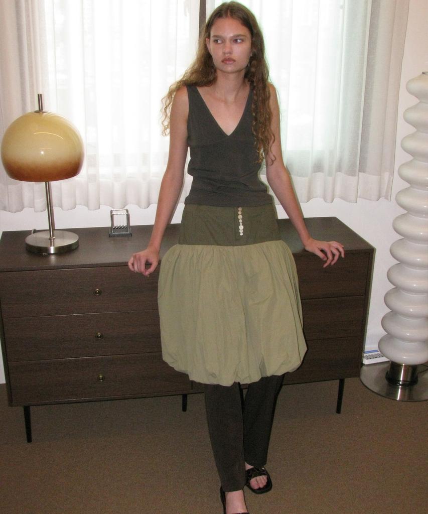 Partimento Woman Button-Pointed Puff Midi Skirt_Khaki Green
