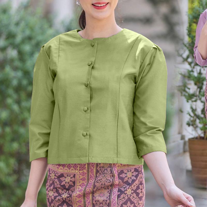 

ZANZEA Women Casual Round Neck Retro 3/4 Sleeve Satin Blouse 5XL зелёный