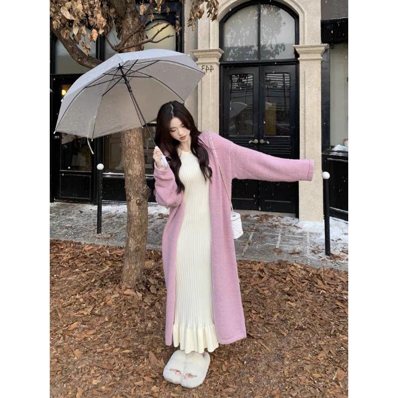 Skinny and tall long-sleeved hip-wrapped fishtail knitted skirt women's autumn new temperament gentle wind long dress