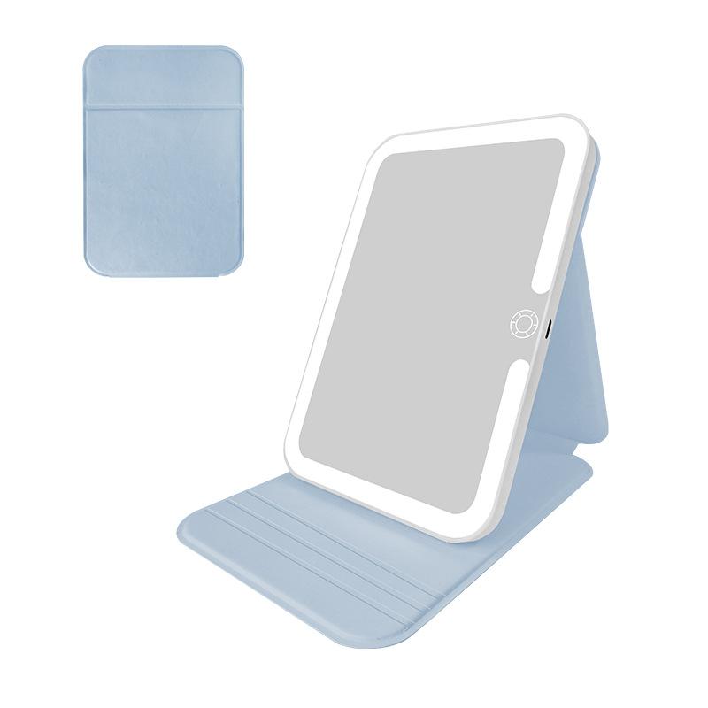 

Перезаряжаемое трехцветное зеркало для макияжа с подсветкой, квадратное кожаное портативное складное дорожное зеркало с дополнительной подсветкой 13.7*1.6*20cm светло-синий