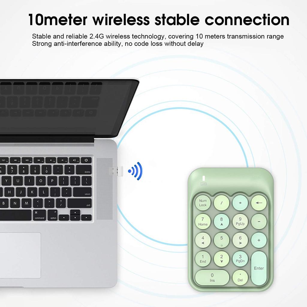 Wireless 2.4G Numeric Keypad with Backspace Key for One-Handed Use, Quiet Typing, and Long Life, Compatible with XP, Win7, Win8, Win10, and iOS