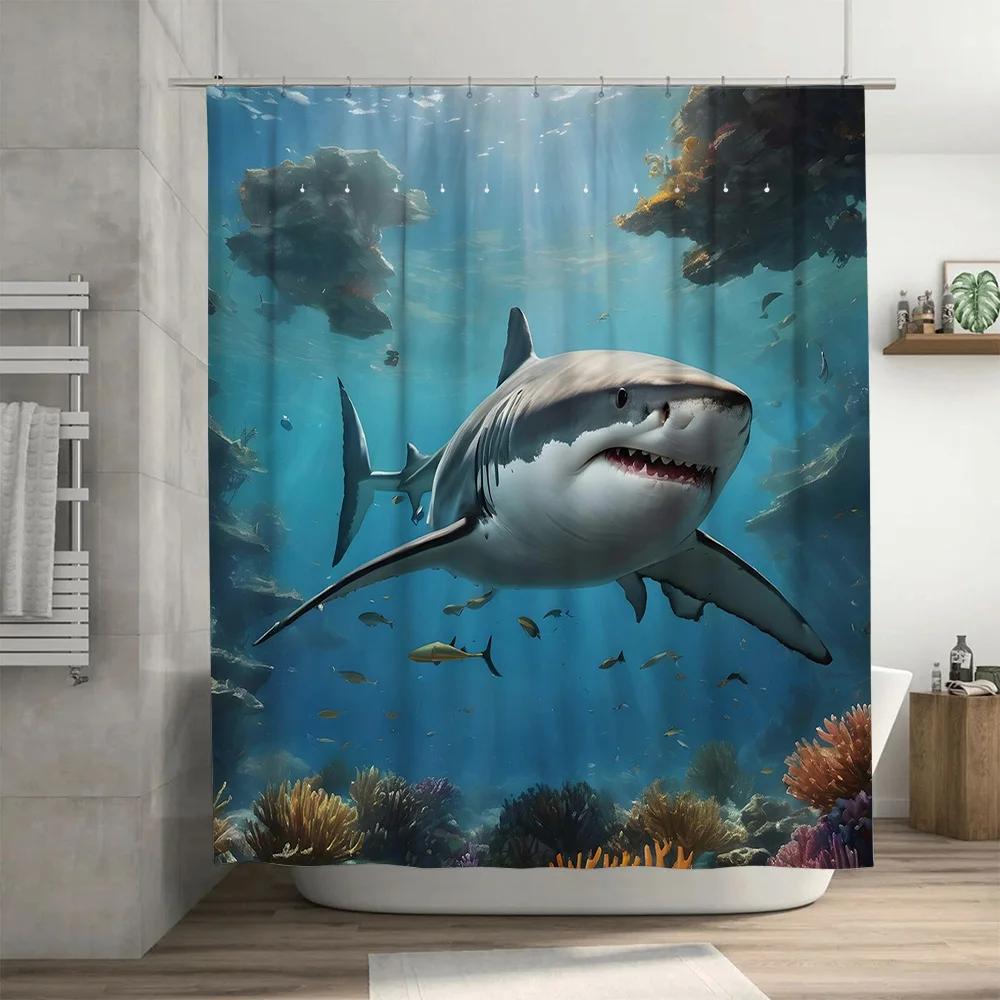 Blue Ocean Shark Bath Curtain Coral Reef Fish Decor Shower Curtain for Home Bathroom Decoration Wall Hanging