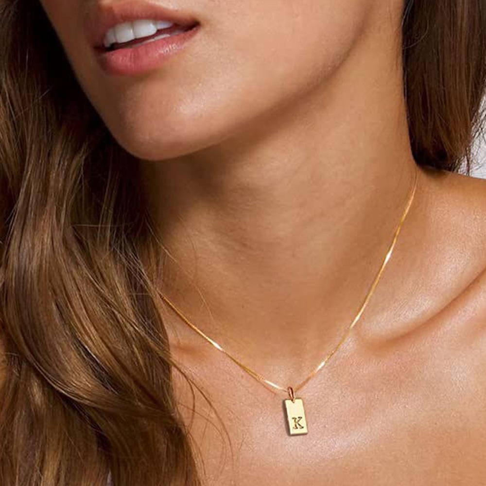 Mini Letter Label Pendant Necklace Women Jewelry Plated Gold Stainless Steel Box Chain Square Tiny Initials Letter Necklace