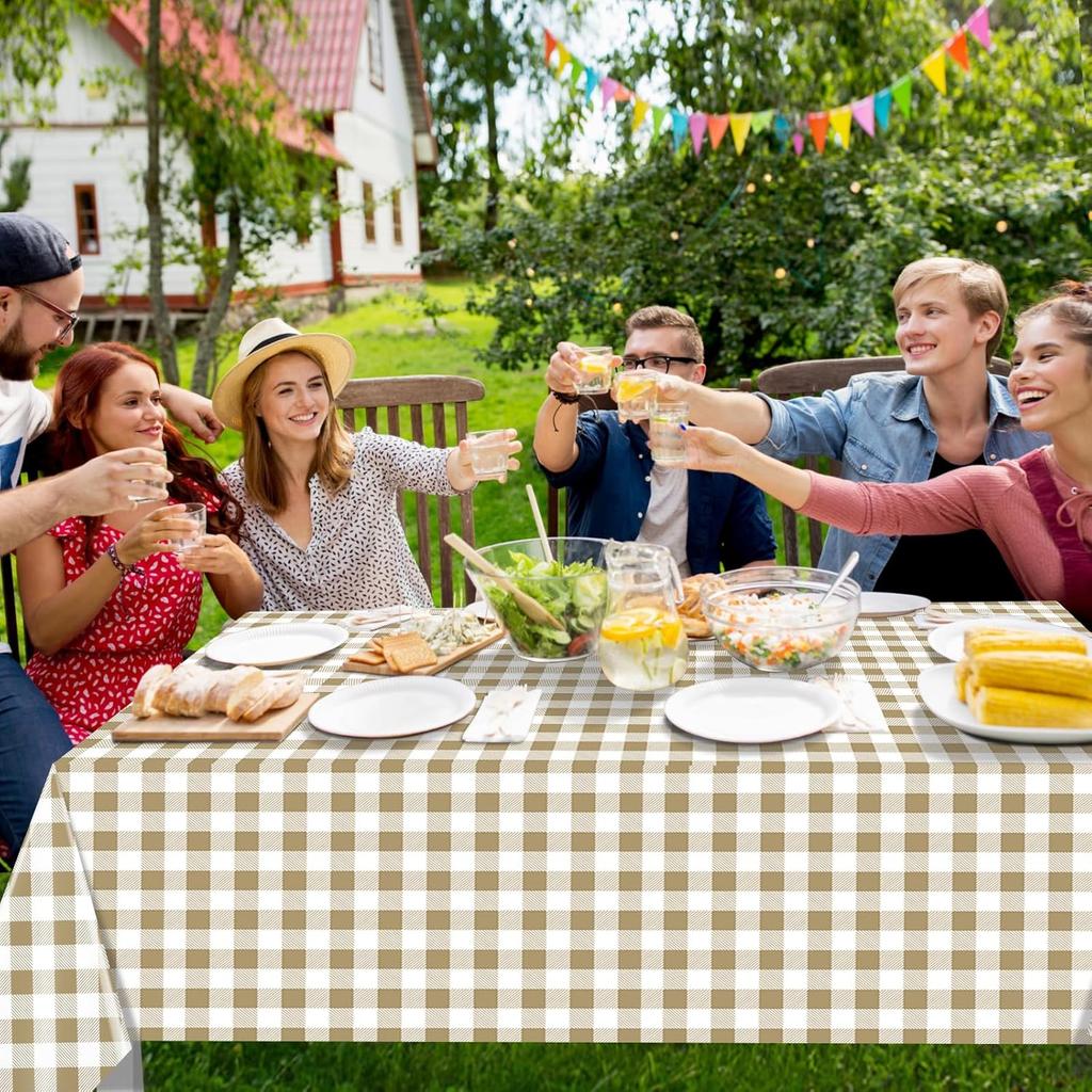 Hallswl 3pcs Khkai Gingham Tablecloth,Brown Beige Checkered Tablecloths Buffalo Plaid Disposable Plastic Table Covers for Birthday Baby Shower Bridal