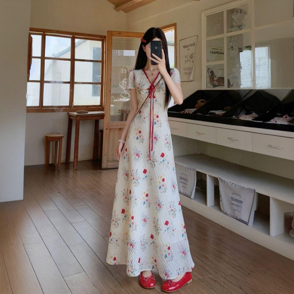 Elegant Petite Floral V-Neck Maxi Dress - French Style Summer 2026 S (85-95 lbs)