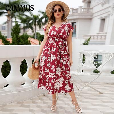 Summer Women's Dress V-Neck Tie Belt Large Size Red Dresses