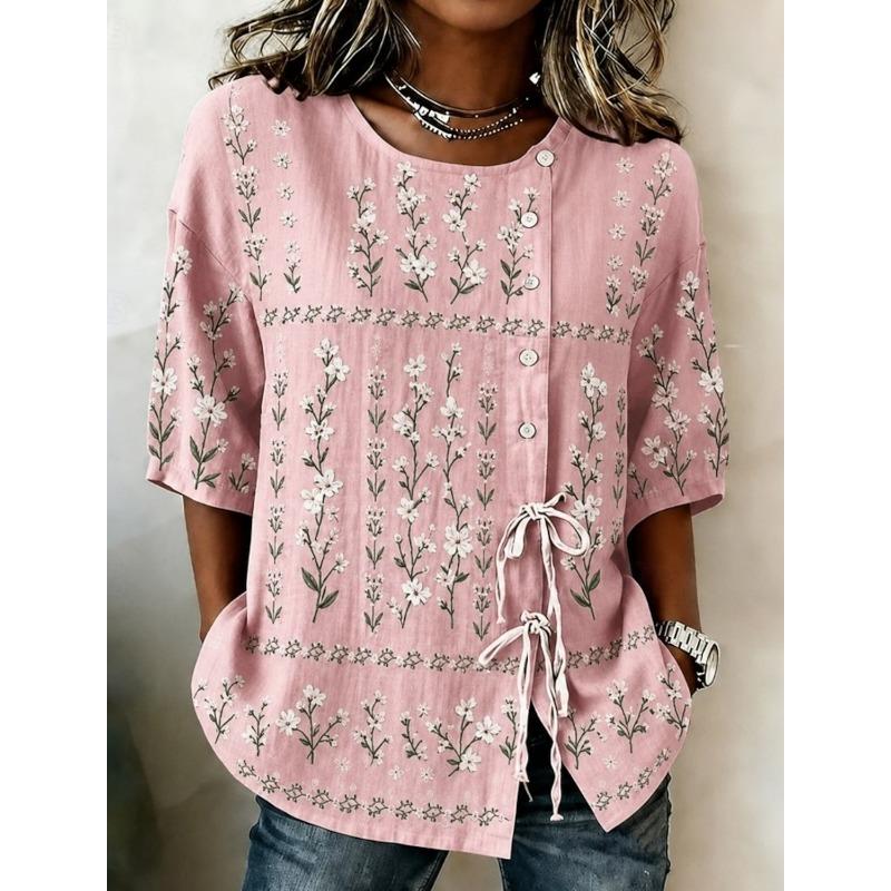 Women's Spring Summer Boho Floral Print Tie Front Top, Casual Buttoned Drawstring Printed Blouse