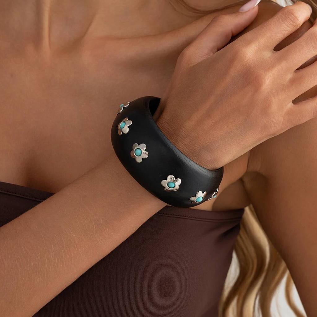 SHIXIN Vintage Inlaid Turquoise Stone Geometric Chunky Bangle Women Bohemian Wood Stackable Wide Bracelets Jewelry Accessories