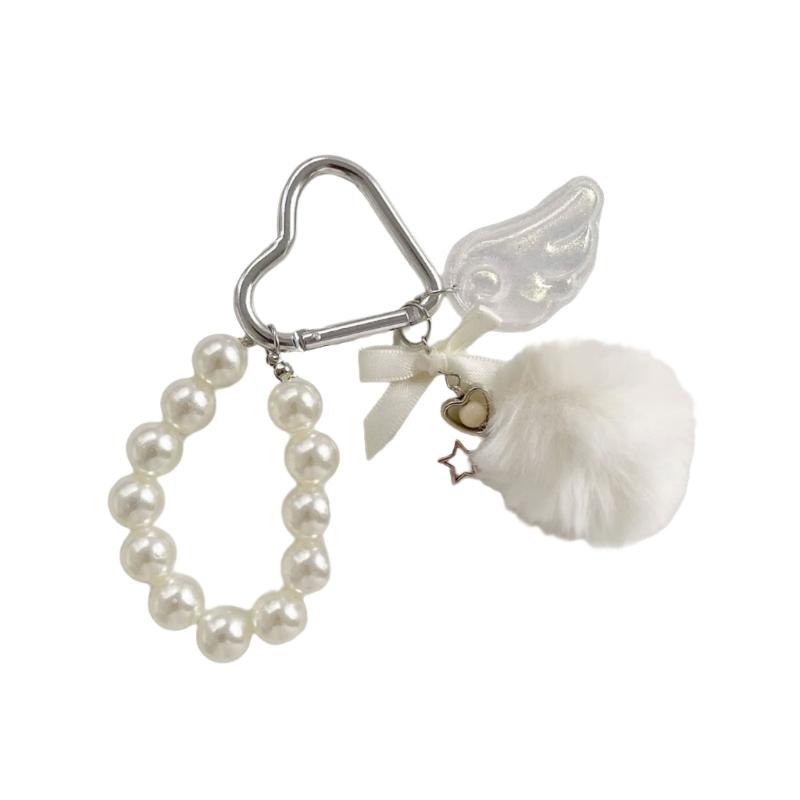 Elegant Pearls Pompoms Wing Keychain Winter Stylish Bag Charm Phone Ornament Fashion Accessory Gift For Her