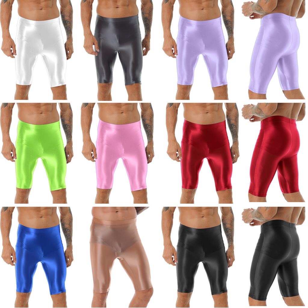 Mens Glossy High Waist Shorts Elastic Sports Leggings Workout Swimwear Gym Bottoms