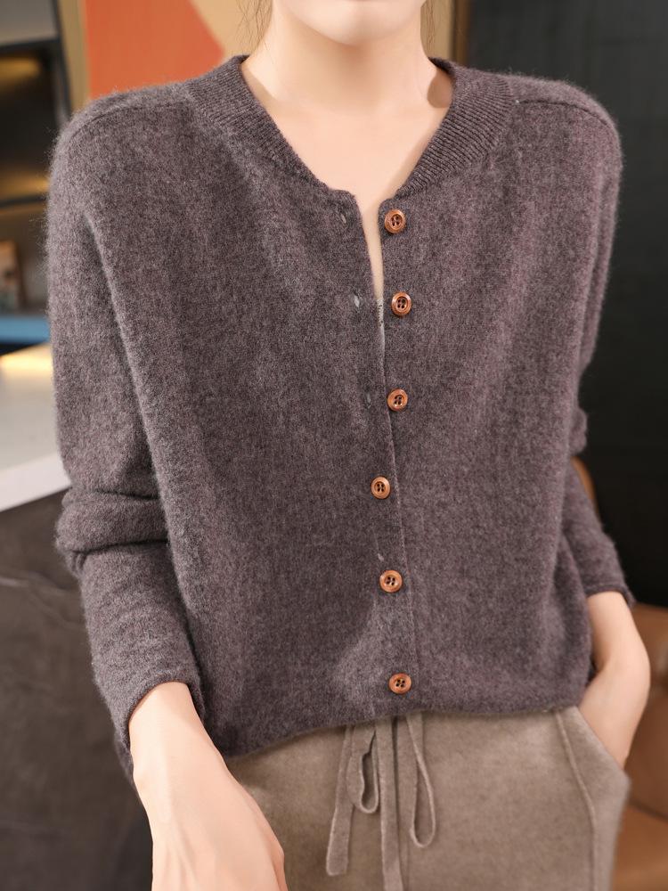 Autumn/Winter New Pure Wool Round Neck Long Sleeve Women's Cardigan Sweater Coat