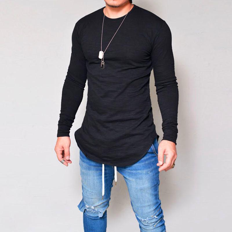 Men Longline Curved Hem Long Sleeve T Shirt Slim Fit Casual Crew Neck Tees