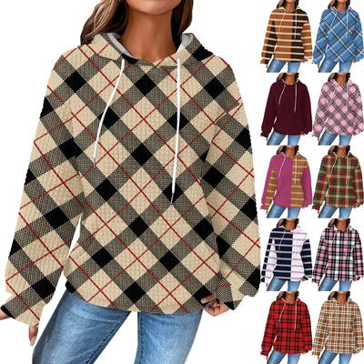 Moda Femenina Suéter Holgado con Capucha de Manga Larga a Cuadros con Cordón Hombro Caído y Bolsillo Top Estampado