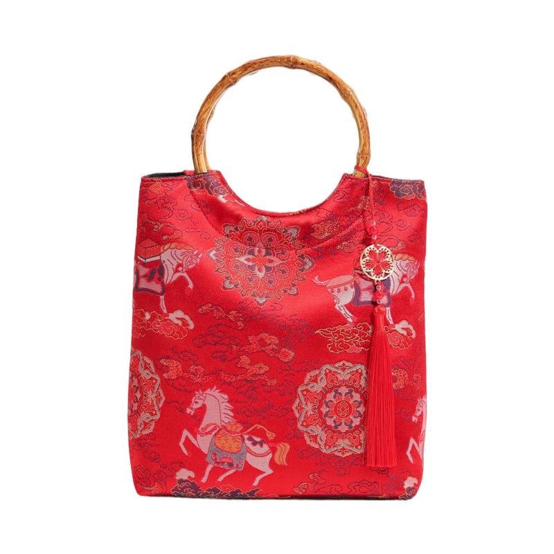 Women s New Chinese Style Bag, Tribute Satin Jacquard Vacation Style, Retro Bamboo Knot Circular Handheld Cheongsam Hanfu Bag красный