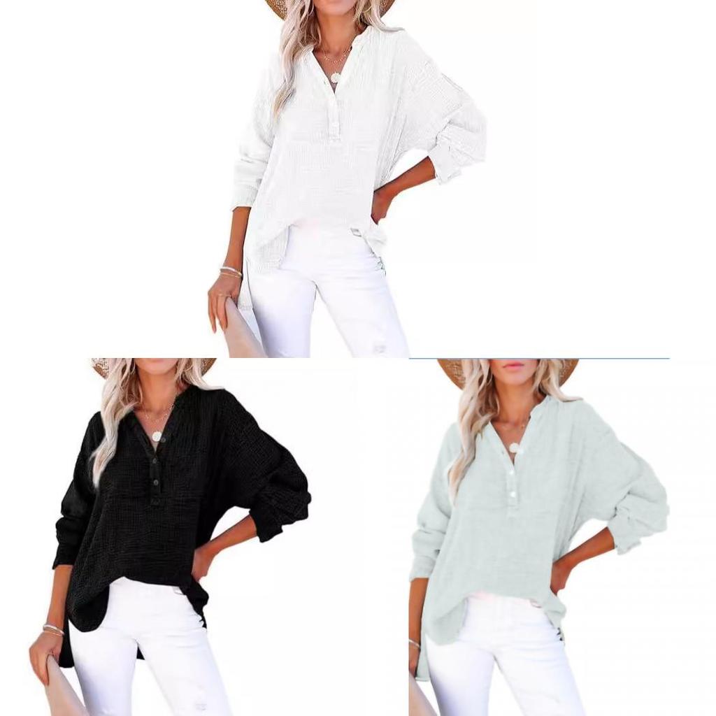 Street Style Wrinkled Cotton Long Sleeve Shirt For Women With Button Closure