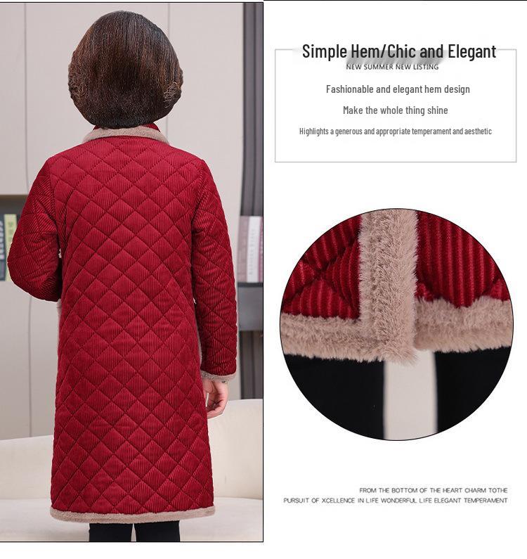 Cozy Plaid Fleece-Lined Jacket for Elderly Women - Mid-Length Winter Coat for Grandmothers