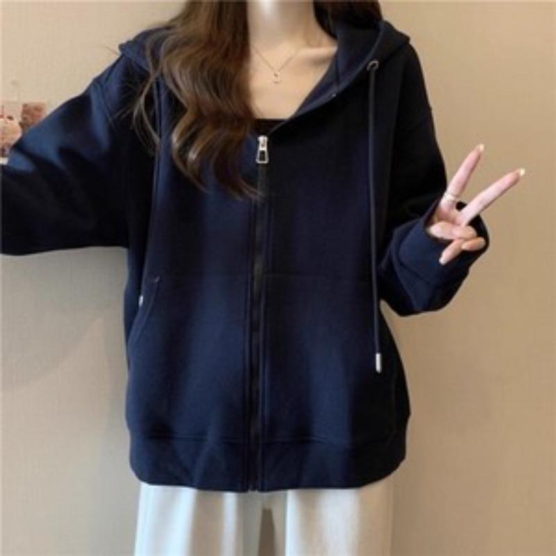 

Gray real shot cardigan hooded sweater women s autumn loose and thin student casual waffle solid color top 2XL Темно-синій