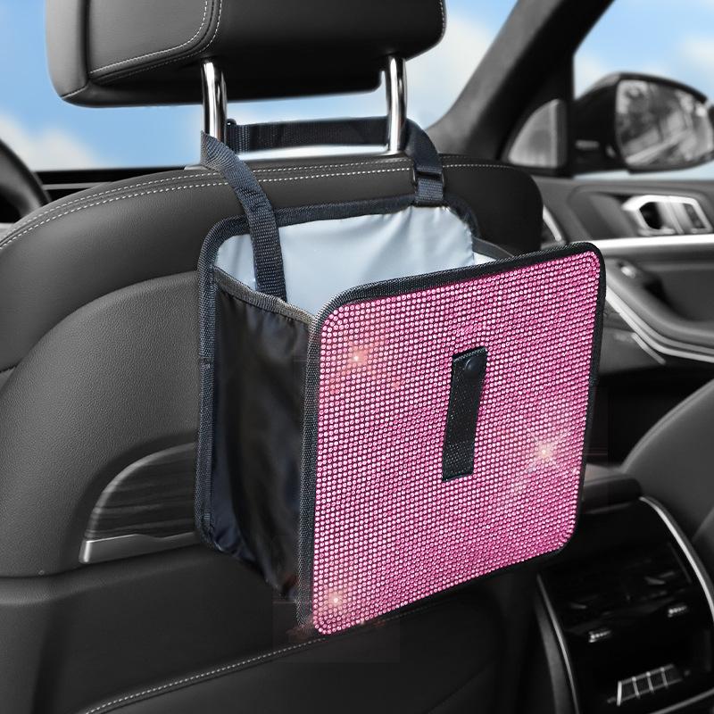 Bling Collapsible Car Trash Can Large Capacity Seat Back Hanging Garbage Storage Bag Organizer For Women Interior Accessories