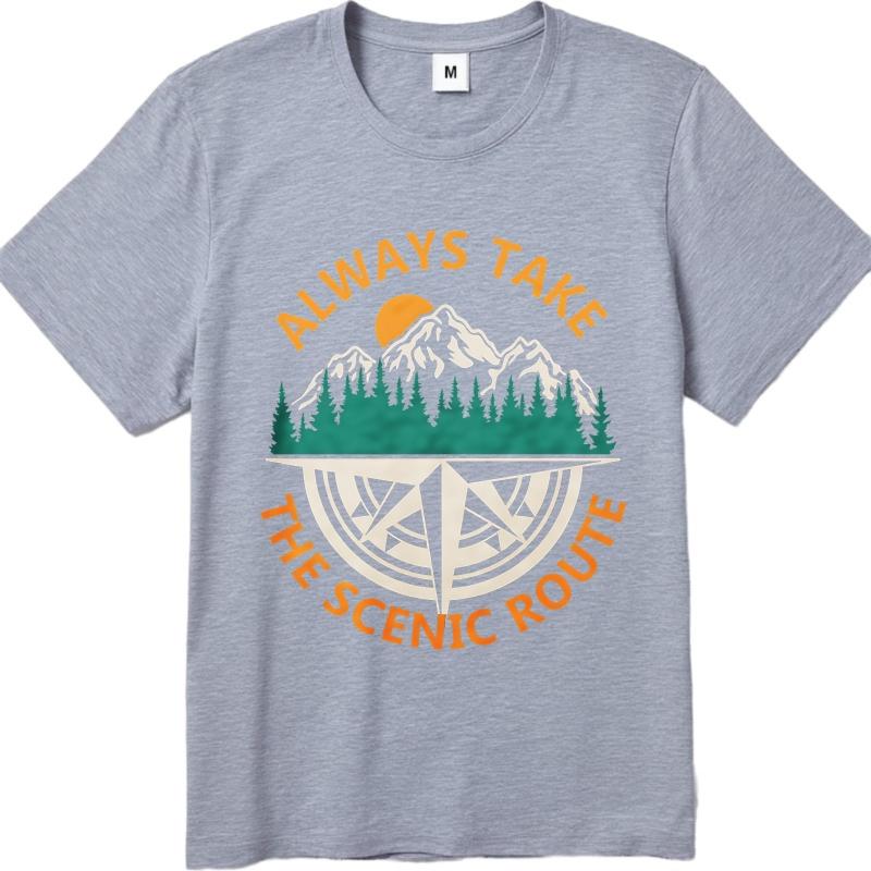 Big Size Summer Women T Shirt Always Take The Scenic Route Mountains Compass Sunset Trees Short Sleeve Adult ONeck Tees