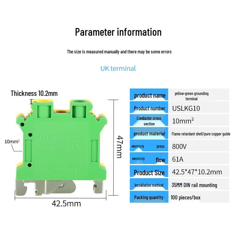 

Chaoda USLKG10 Yellow-Green Grounding Terminal Block, 10mm DIN Rail Type