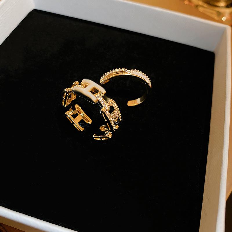 Gold Index Finger Zircon Combination Stacked Open Ring White Enamel Fashion Personality Light Luxury High-End Women