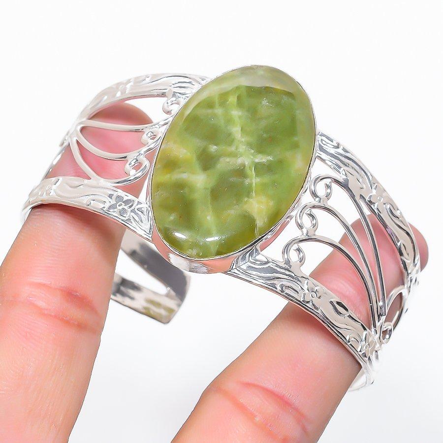 

Натуральный Нефрит Драгоценный Камень 925 Стерлинговое Серебро Манжета Браслет Регулируемый S3L82