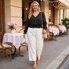 Women's Round Neck Long Sleeve Polka Dot Print Shirred Blouse Casual Top