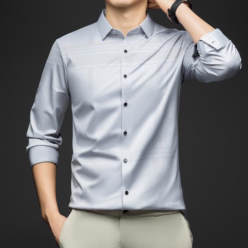 Long Sleeve Man Shirt Solid Color Business Slim Work Shirt Man 2026 Autumn New Casual Striped Print Shirt Men's Wear