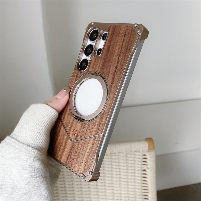 For Sagsafe Magnetic Solid Wood Metal Snap On Case For Samsung Galaxy S23 S24 S25 Ultra With Stand Adjustable Frameless Cover