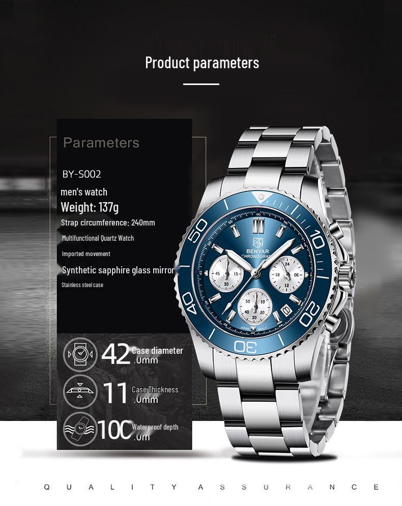 Benyar Men's Stainless Steel Multifunction Chronograph Watch - Luminous, Waterproof S002