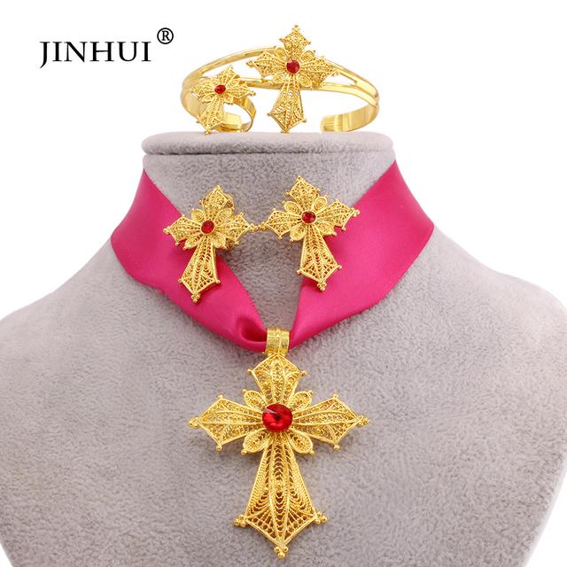 Ensemble de bijoux éthiopiens plaqués or, croix, pendentif, collier, boucles d'oreilles, bague, cadeaux de dubaï pour femmes, ensemble de mariée de mariage érythréen