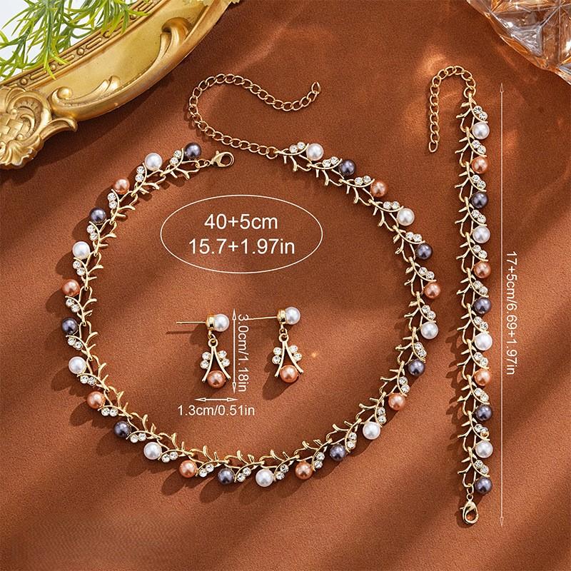 3 Pcs/Set Fashion Retro Women'S Jewelry Set Rhinestone Artificial Pearl Wedding Party Bride Wedding Necklace Bracelet Earrings