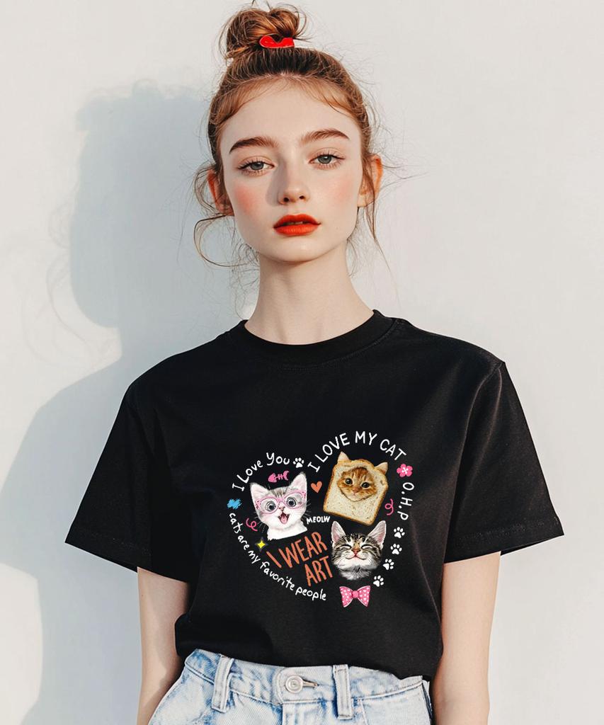 ONEHUNDREDPERCENT FOR WOMAN Ohpxharmonia Heart Cat Women Basic Short Sleeve Tee