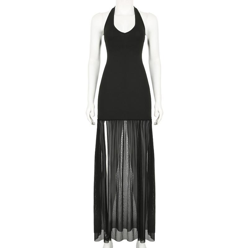 Women's Temperament Wind Neck Strap Mesh Splicing Hot Girl Sexy Backless Split Waist Thin Dresses