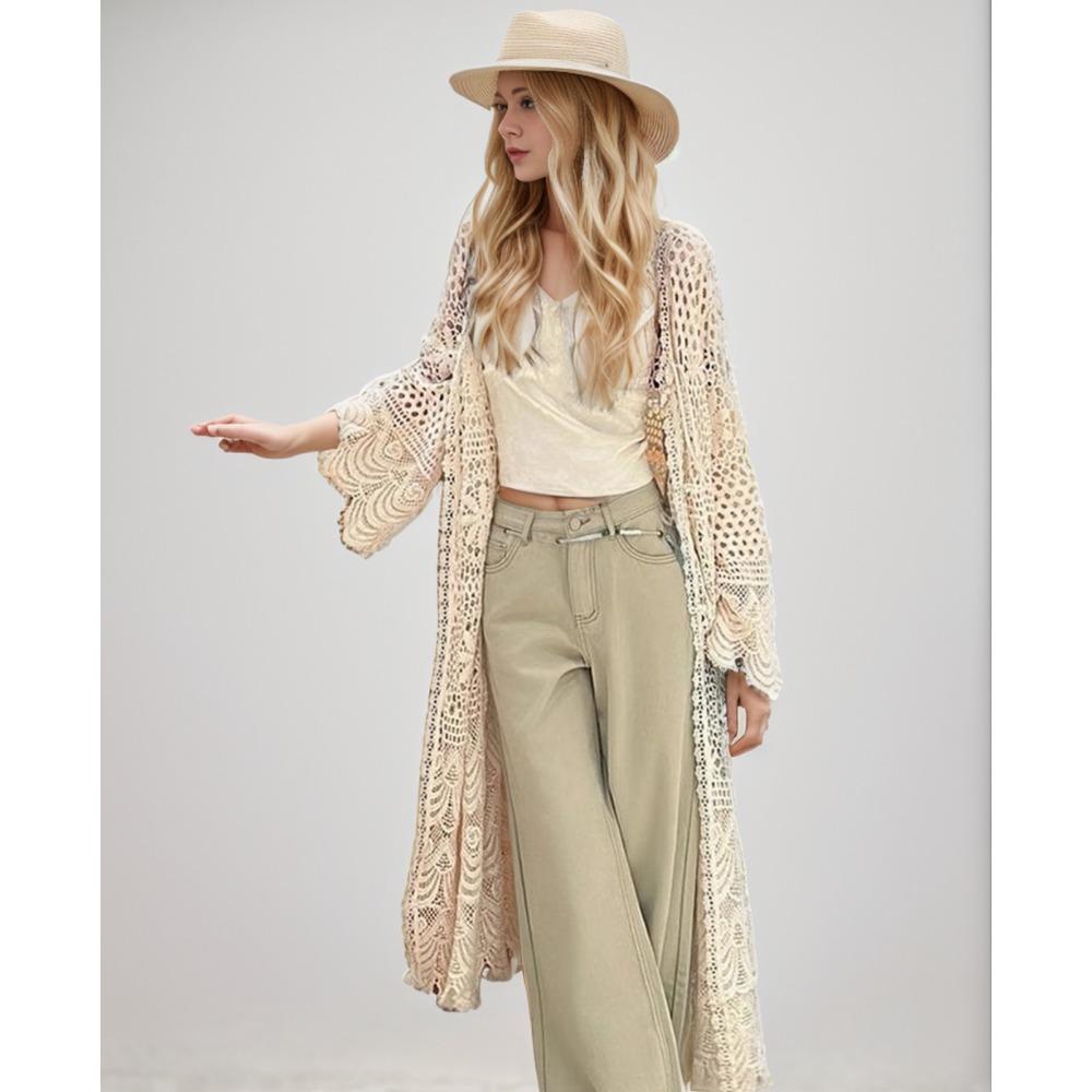 DIMANAF 2024 New Cardigan  Women Knitting Lace Long Vest Hollow Summer Style Basic Tops Tees Loose Clothing