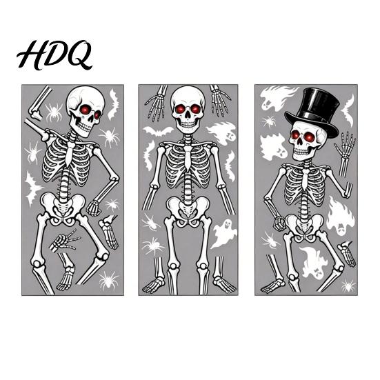 Removable Glass Sticker 3Pcs Halloween Skeleton Stickers Waterproof PVC Window Clings Static Decals Stickers for Home Living Room Bedroom