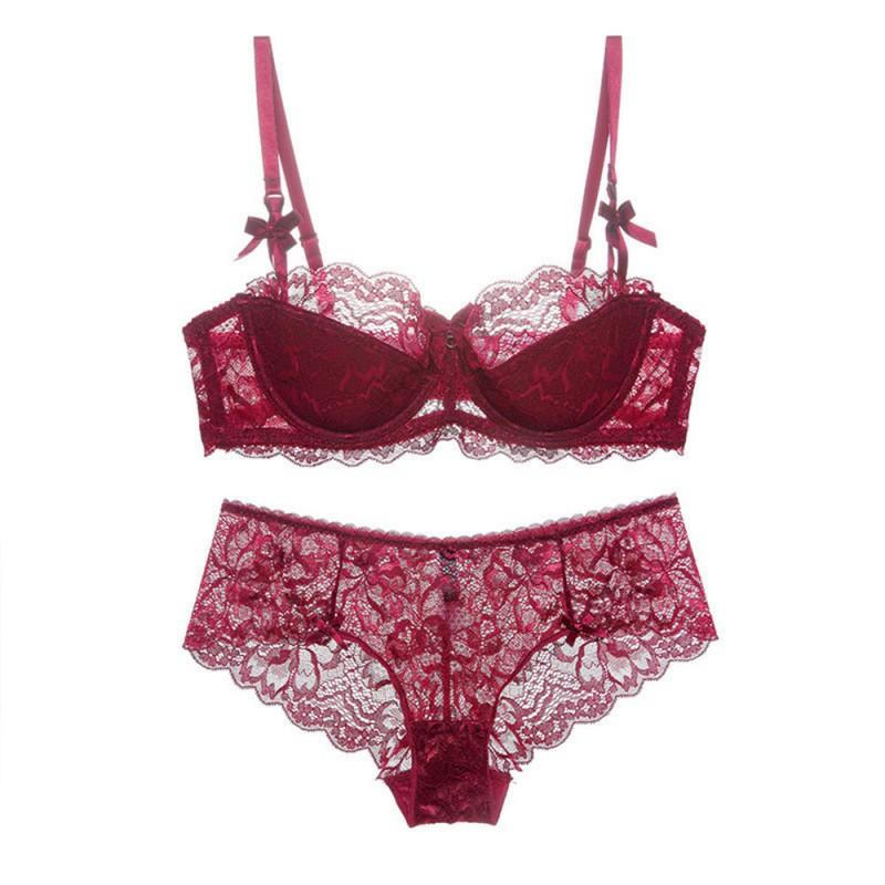 Lace Womens Half-Cup Bra Set With Thin Straps Breathable Supportive Plus Size Grey Red Black