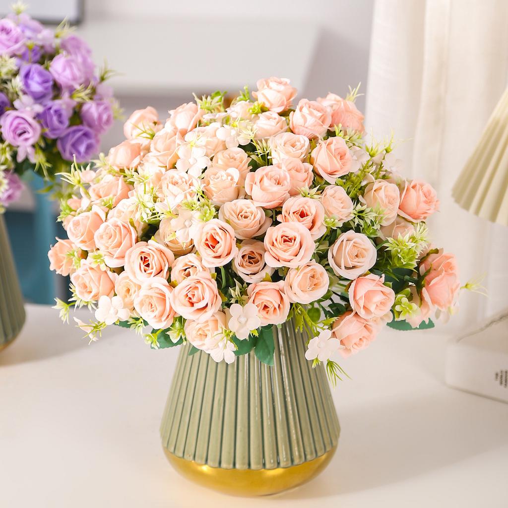 Pink Artificial Rose Bouquet with Greenery, Fake Silk Flowers for Home Wedding Decor